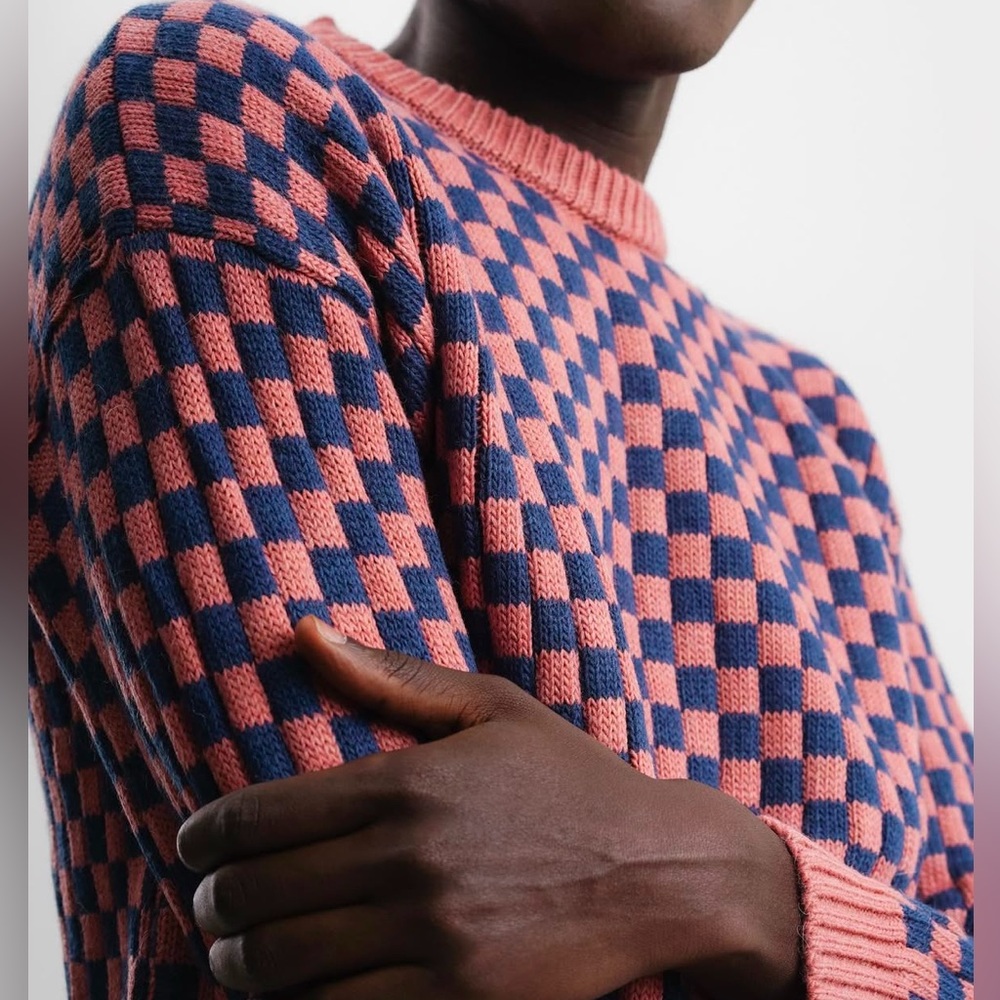 Mustique Knitted Chess Sweater, Medium, Blue & Raspberry - From Lisbon